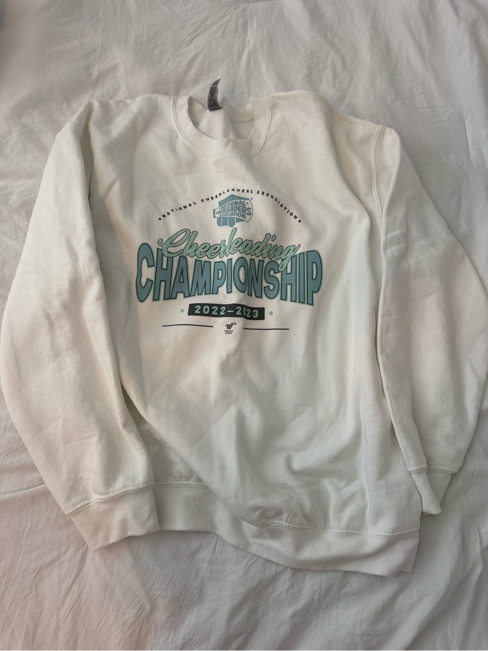 Gildan White Crewneck Sweatshirt with Teal Cheerleading Championship Graphic